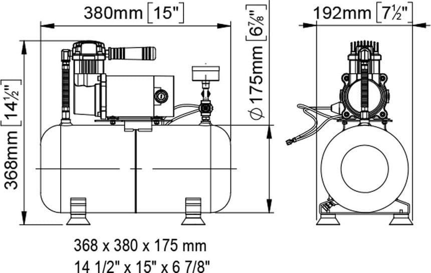 3423-112 und -124 Kompressor M3 mit Edelstahl-Tank - Maßzeichnung