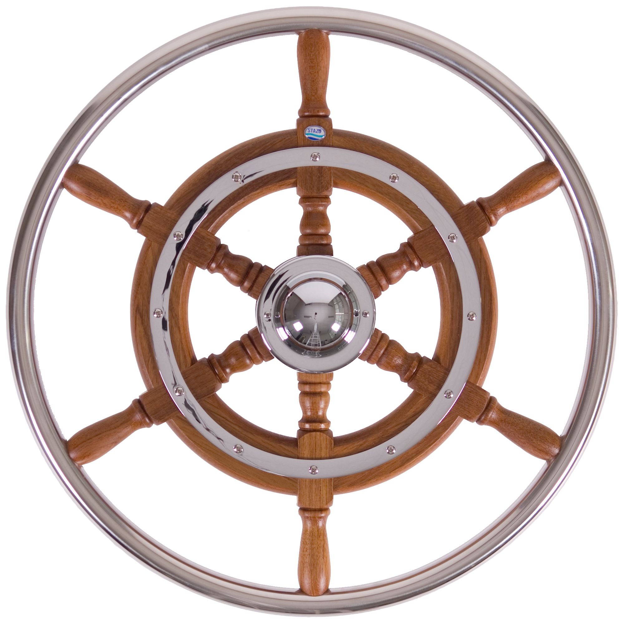 Yacht-Steuerrad Teak mit Edelstahl Aussenring und Felgenband Yacht-Steuerrad Teak mit Edelstahl Aussenring und Felgenband