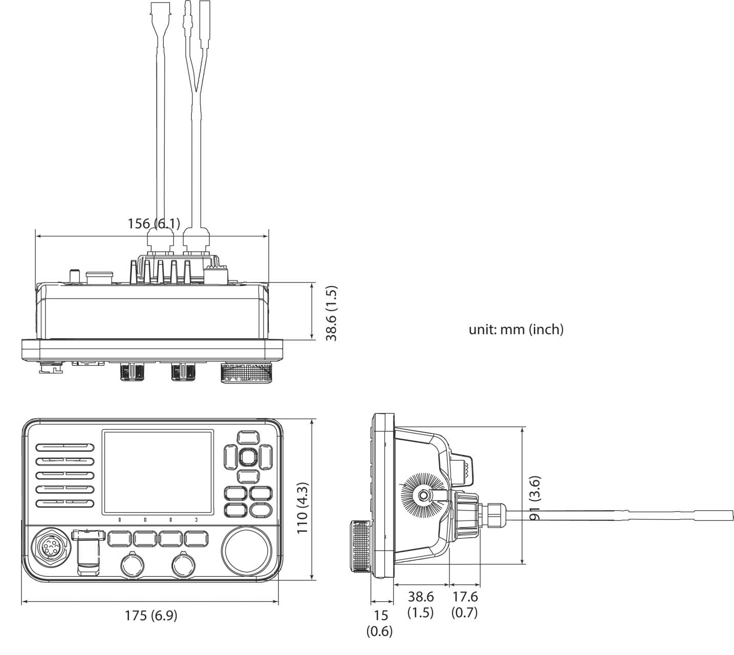3938*18 ICOM IC-M510E Seefunkgerät mit AIS-Empfänger Maße ICOM IC-M510E VHF radio with AIS-Receiver