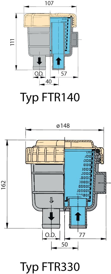 1838*01 Kühlwasserfilter VETUS Typ FTR 330 & Typ FTR 140 Maße